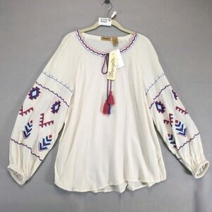 NWT Wrangler Embroidery Tassel Peasant Blouse Women's L Balloon Slv Western Boho